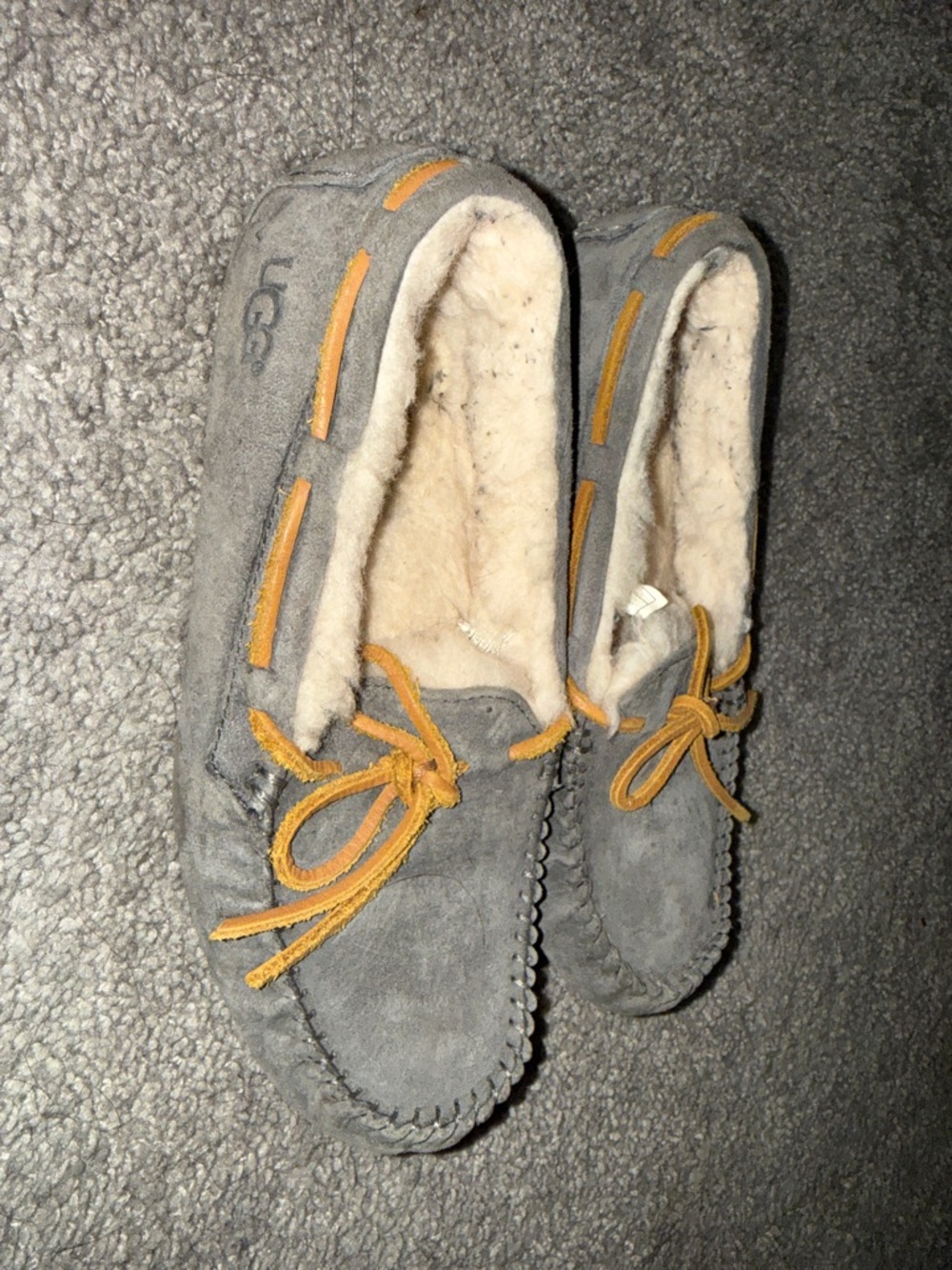 UGG Gray Suede Moccasin Slippers with Tan Accents